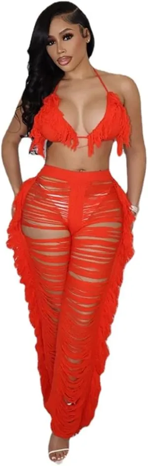 heyheyshine Women Tassels Hollow Out 2 Piece Outfits Bikini Cover Up Sleeveless Off Shoulder Crop Top and Split Set