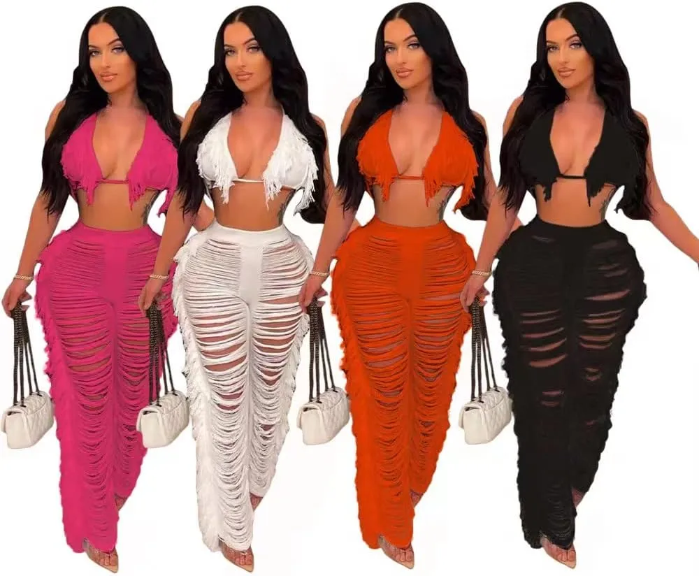 heyheyshine Women Tassels Hollow Out 2 Piece Outfits Bikini Cover Up Sleeveless Off Shoulder Crop Top and Split Set