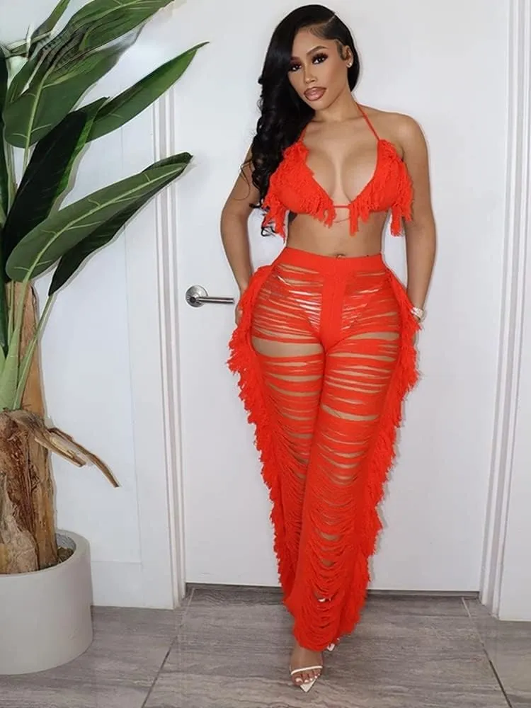 heyheyshine Women Tassels Hollow Out 2 Piece Outfits Bikini Cover Up Sleeveless Off Shoulder Crop Top and Split Set