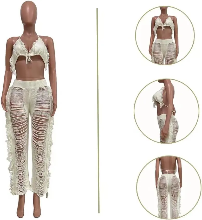heyheyshine Women Tassels Hollow Out 2 Piece Outfits Bikini Cover Up Sleeveless Off Shoulder Crop Top and Split Set