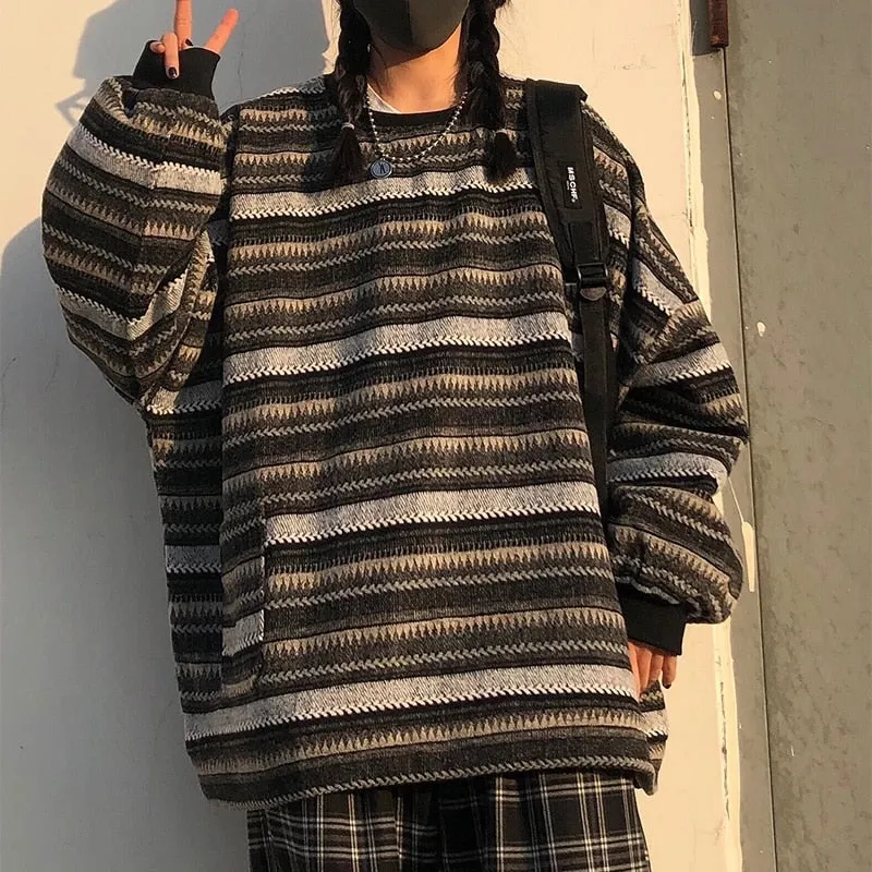 High Street Women Sweater Striped Contrasting Color Sweaters Vintage O-Neck Long Sleeve Knitwear Pullovers Female Jumper