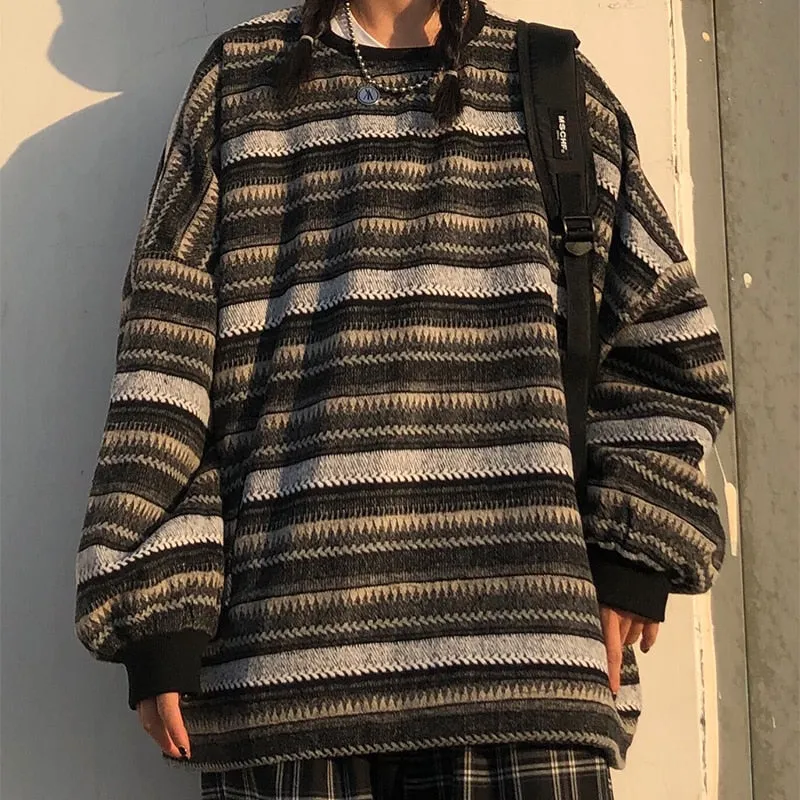 High Street Women Sweater Striped Contrasting Color Sweaters Vintage O-Neck Long Sleeve Knitwear Pullovers Female Jumper