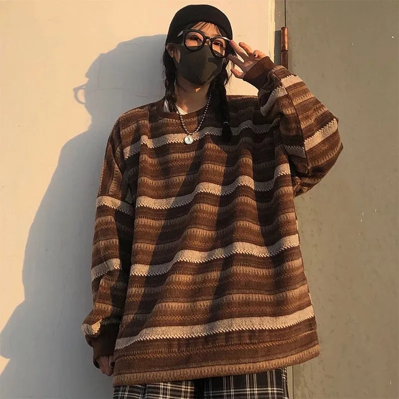 High Street Women Sweater Striped Contrasting Color Sweaters Vintage O-Neck Long Sleeve Knitwear Pullovers Female Jumper