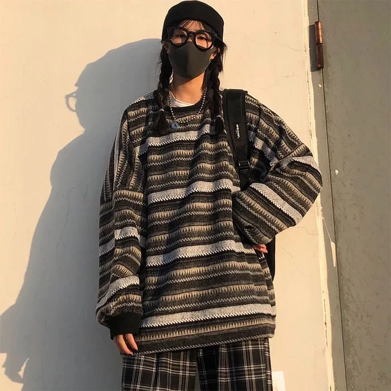 High Street Women Sweater Striped Contrasting Color Sweaters Vintage O-Neck Long Sleeve Knitwear Pullovers Female Jumper