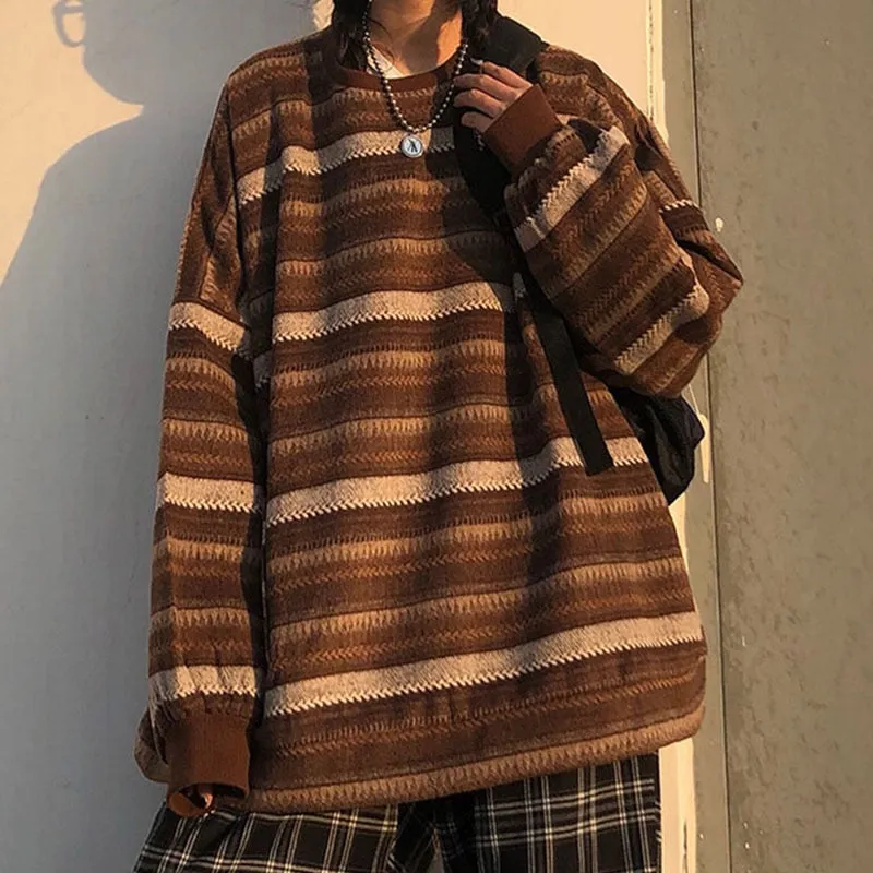 High Street Women Sweater Striped Contrasting Color Sweaters Vintage O-Neck Long Sleeve Knitwear Pullovers Female Jumper