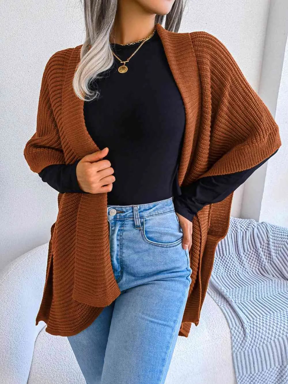Horizontal Ribbing Open Front Slit Cardigan
