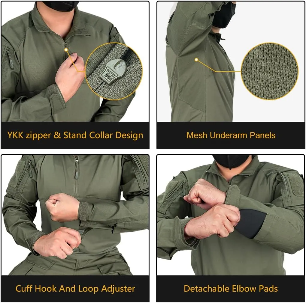 IDOGEAR Mens Tactical Military Shirts 1/4 Zip Combat BDU Shirts Camo Long Sleeve With Pockets For Outdoor Airsoft Paintball