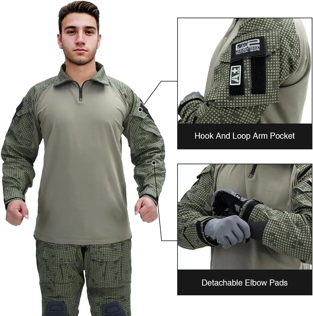 IDOGEAR SPORTS G3 Combat Shirts Mens Tactical Shirt with Elbow Pads 1/4 Zipper Collar Long Sleeves Top Military Clothing
