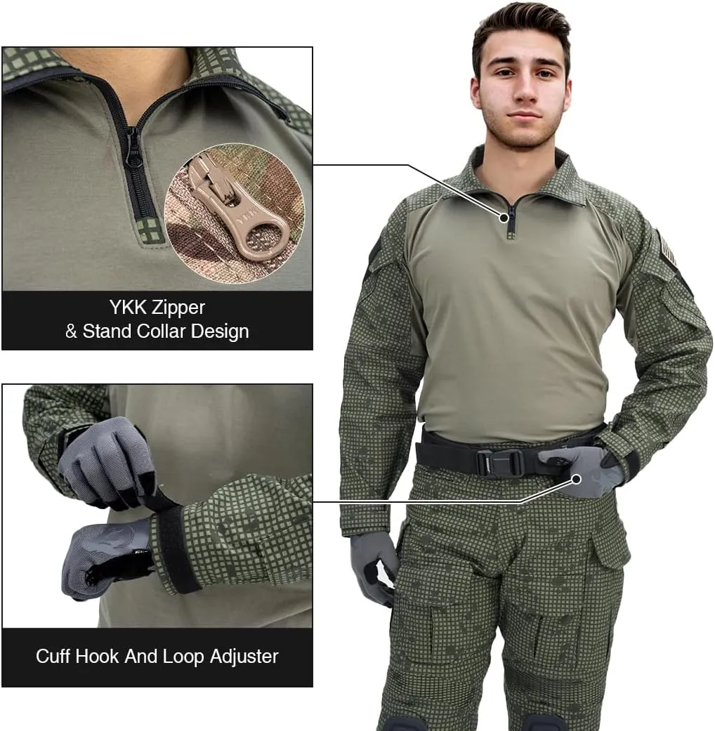 IDOGEAR SPORTS G3 Combat Shirts Mens Tactical Shirt with Elbow Pads 1/4 Zipper Collar Long Sleeves Top Military Clothing