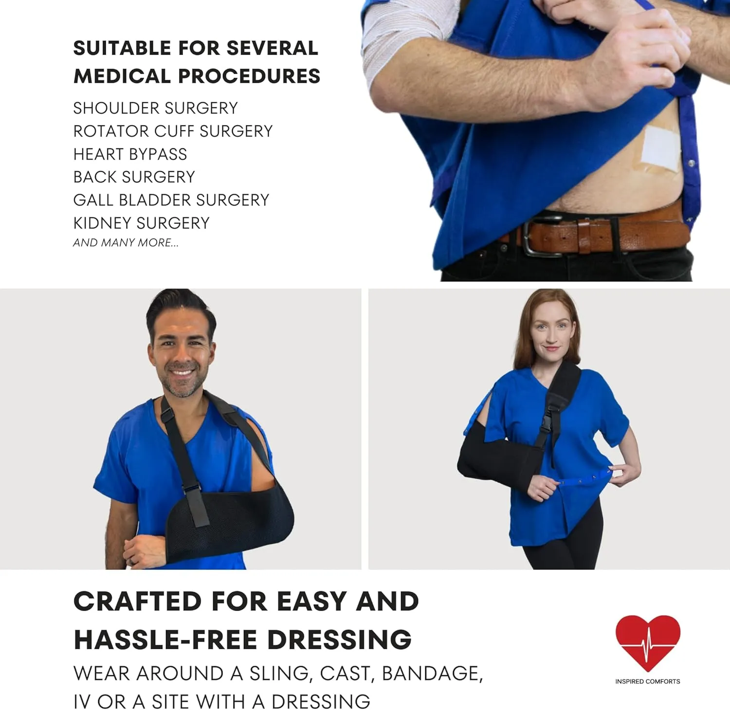 Inspired Comforts Unisex Post Surgery & Rehab V Neck Dual Access Snap Shirt