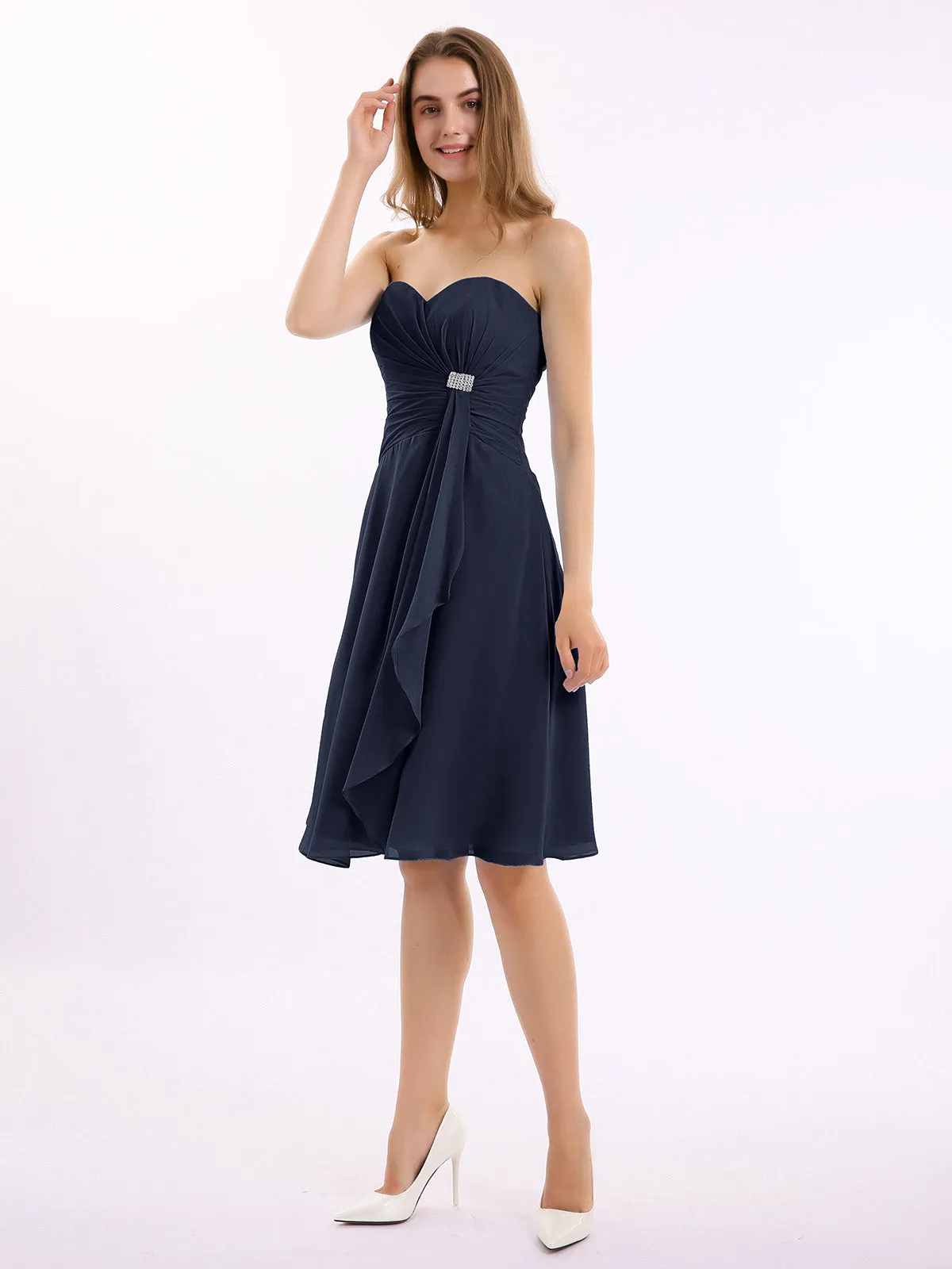 Knee Length Chiffon Dress with Sweetheart Neck-Dark Navy Plus Size