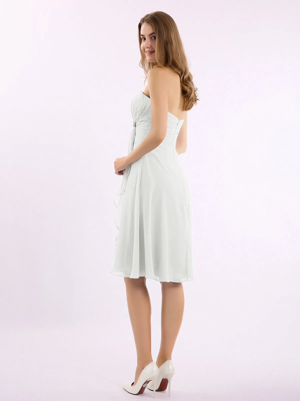 Knee Length Chiffon Dress with Sweetheart Neck-Ivory