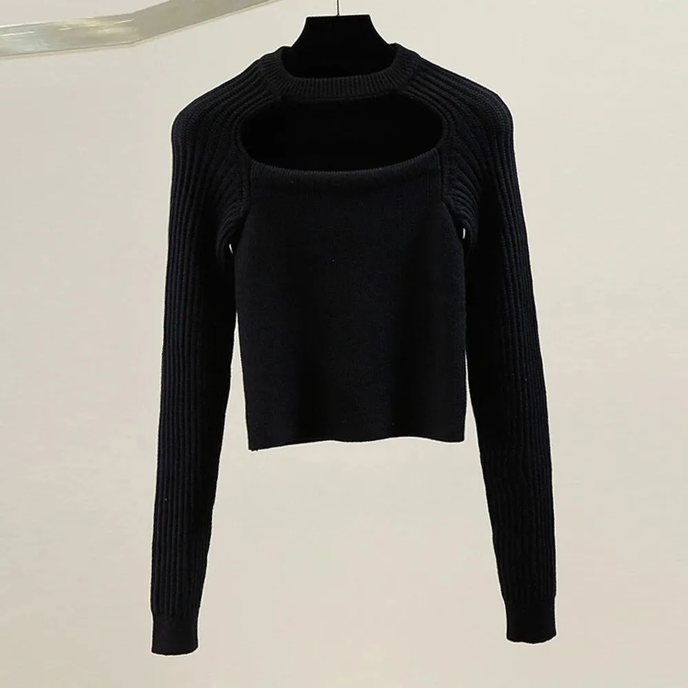 Knitting Hollow Out Sweaters For Women Round Neck Long Sleeve Pullover Minimalist Temperament Sweater Female