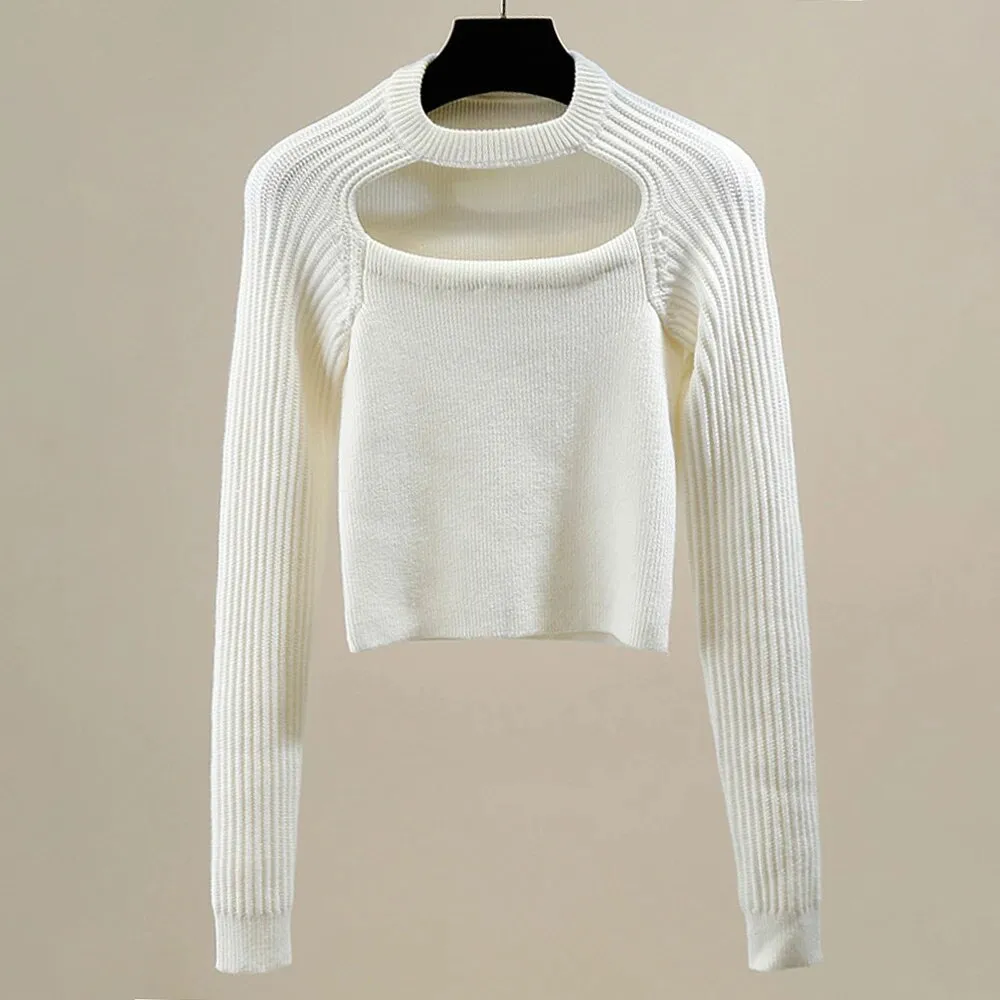 Knitting Hollow Out Sweaters For Women Round Neck Long Sleeve Pullover Minimalist Temperament Sweater Female