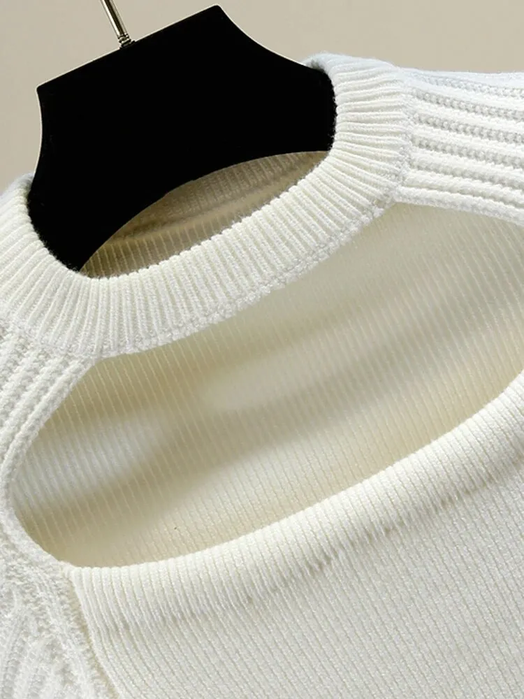 Knitting Hollow Out Sweaters For Women Round Neck Long Sleeve Pullover Minimalist Temperament Sweater Female