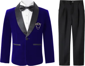 LOLANTA Boys 4 Piece Velvet Suit Formal Tuxedo Kids Slim Fit Blazer Dress Shirt Pants Outfit with Bow Tie