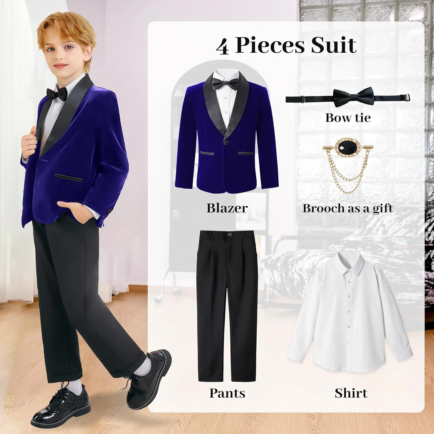 LOLANTA Boys 4 Piece Velvet Suit Formal Tuxedo Kids Slim Fit Blazer Dress Shirt Pants Outfit with Bow Tie