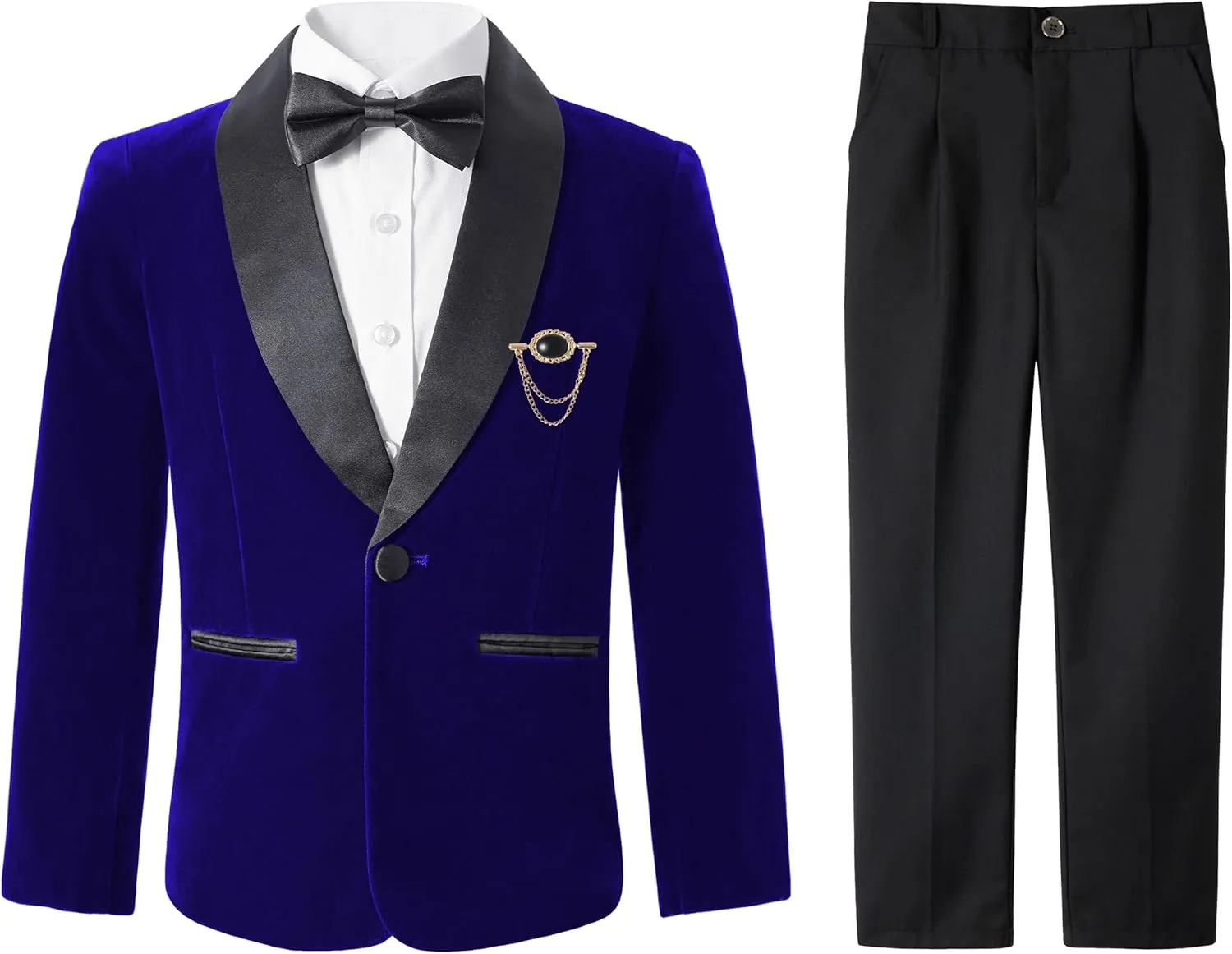 LOLANTA Boys 4 Piece Velvet Suit Formal Tuxedo Kids Slim Fit Blazer Dress Shirt Pants Outfit with Bow Tie