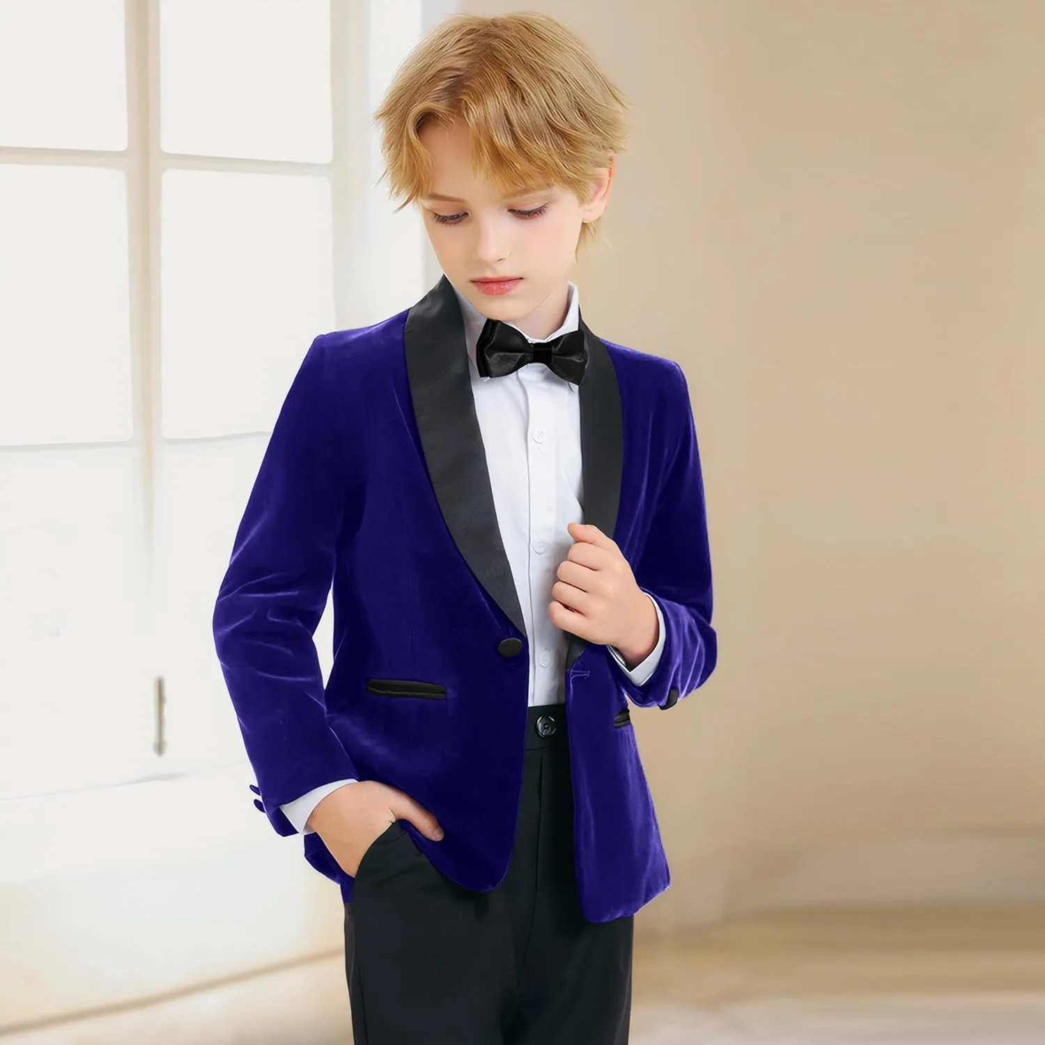 LOLANTA Boys 4 Piece Velvet Suit Formal Tuxedo Kids Slim Fit Blazer Dress Shirt Pants Outfit with Bow Tie