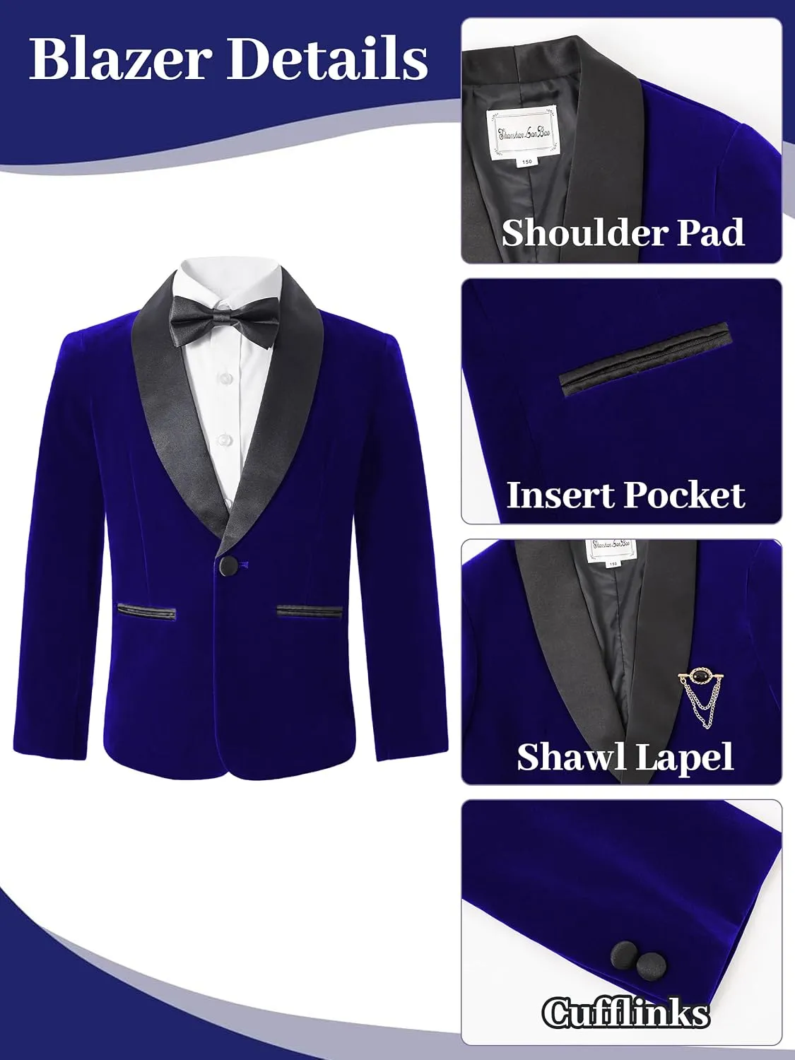 LOLANTA Boys 4 Piece Velvet Suit Formal Tuxedo Kids Slim Fit Blazer Dress Shirt Pants Outfit with Bow Tie