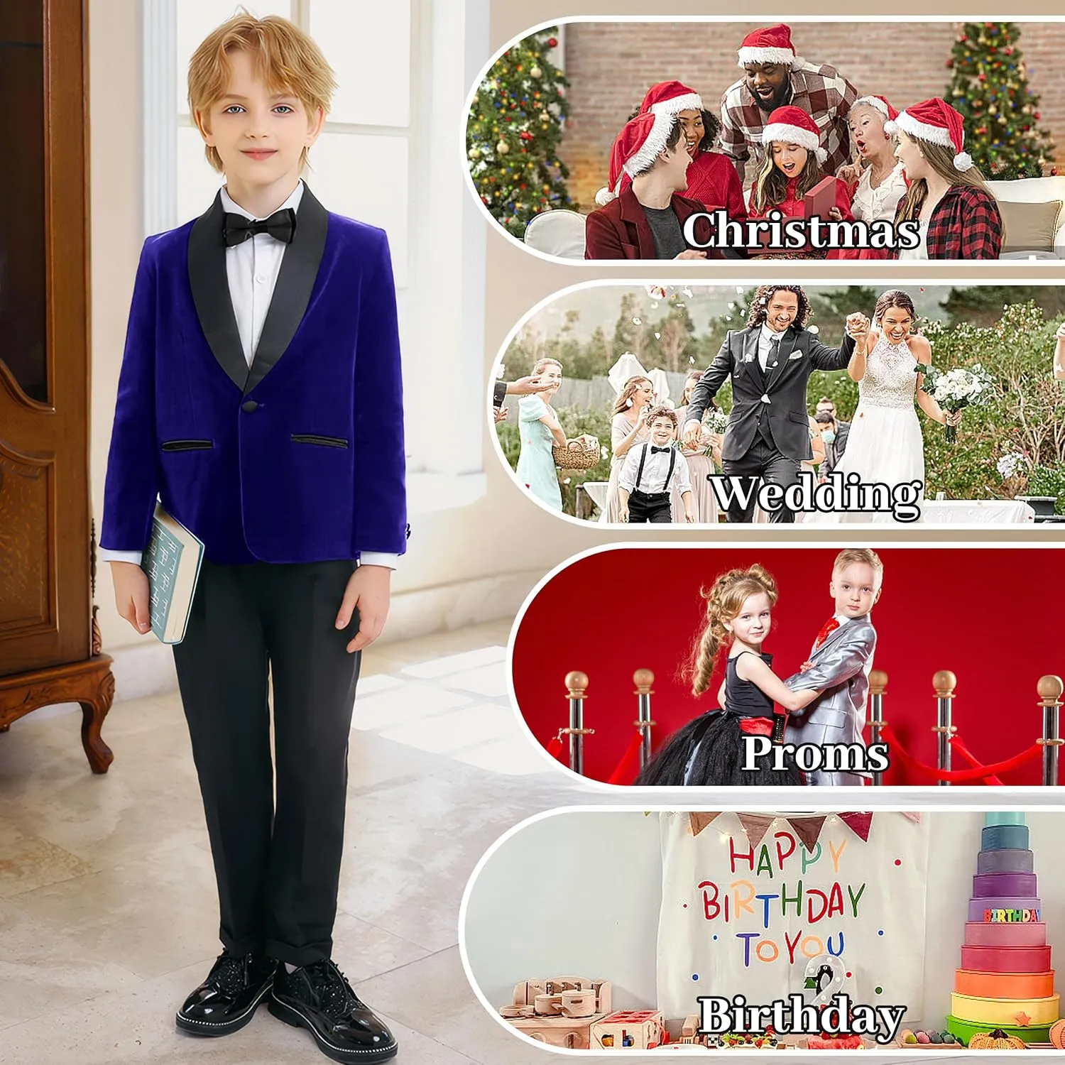 LOLANTA Boys 4 Piece Velvet Suit Formal Tuxedo Kids Slim Fit Blazer Dress Shirt Pants Outfit with Bow Tie
