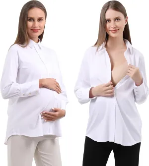 Maternity Button Down Shirt Long Sleeve Formal Blouse for Work Pregnant Dress Top