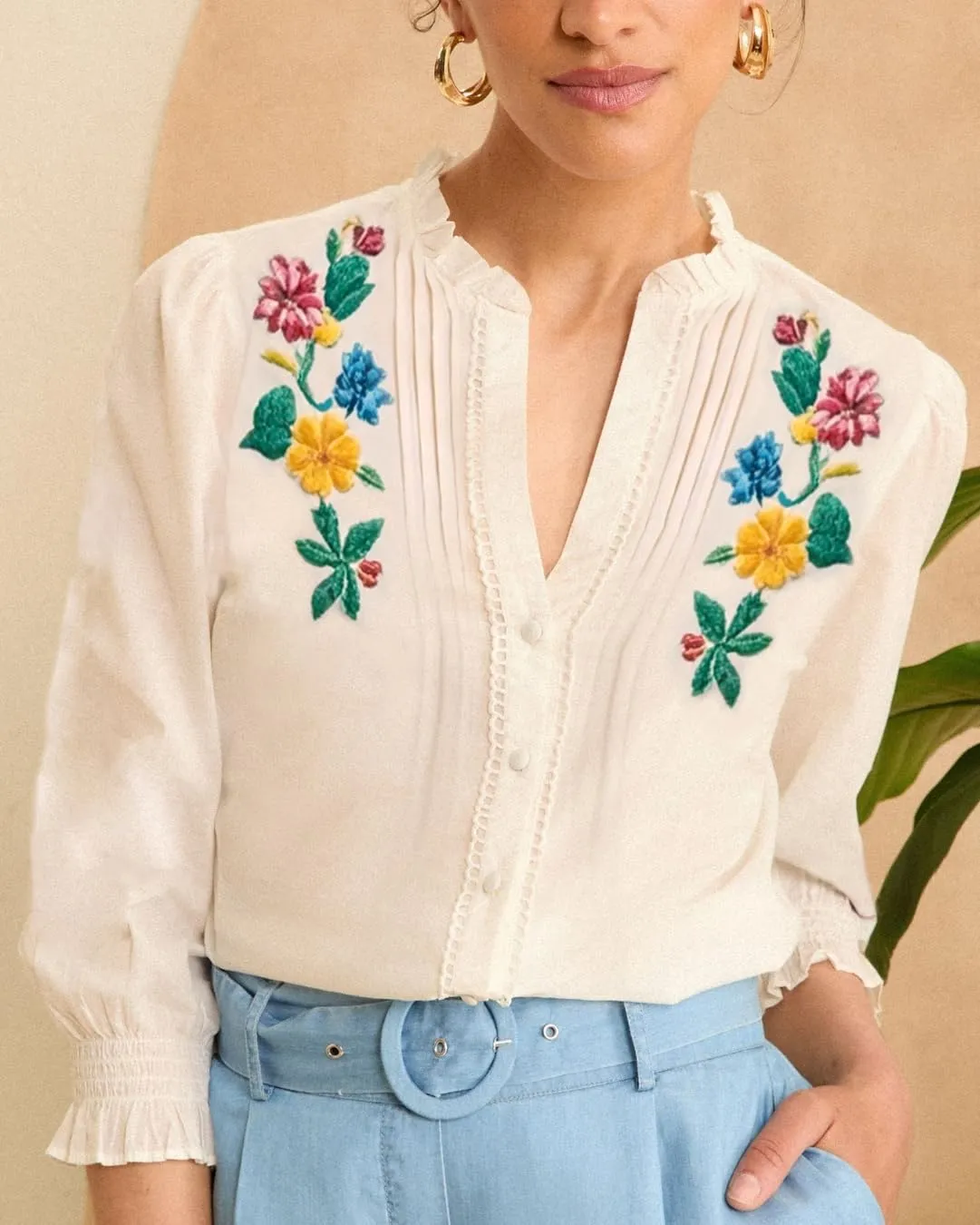 Melliflo Embroidered Tops for Women 3/4 Sleeve Peasant Blouse V Neck Button Down Shirts Dressy Casual
