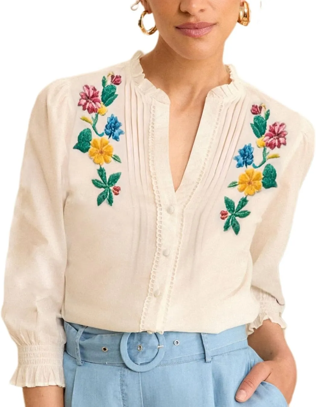 Melliflo Embroidered Tops for Women 3/4 Sleeve Peasant Blouse V Neck Button Down Shirts Dressy Casual