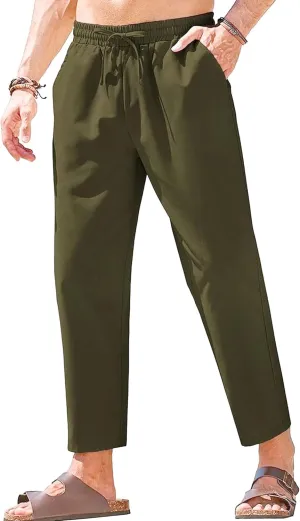 Men's Basic Cotton Liene Loose Fit Pants Elasitc Waist Lightweight Summer Trousers Casual Solid Yoga Beach Pants
