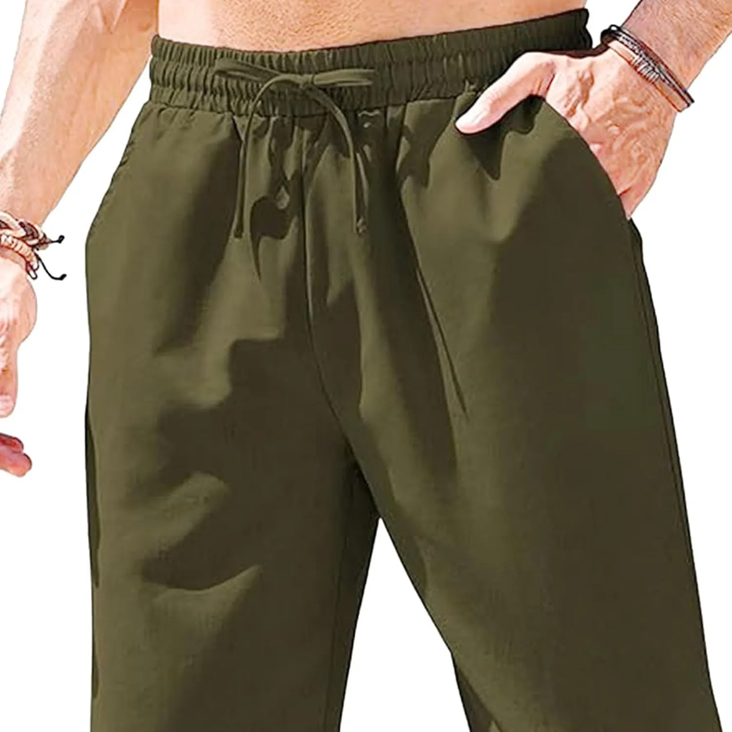 Men's Basic Cotton Liene Loose Fit Pants Elasitc Waist Lightweight Summer Trousers Casual Solid Yoga Beach Pants