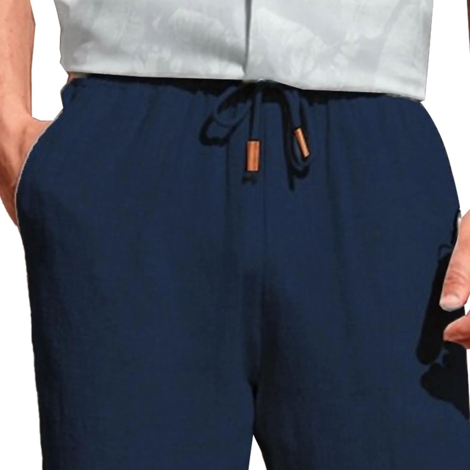 Men's Breathable Cotton Linen Causal Pants Lightweight Outdoot Beach Solid Pants Baggy Drawstring Trousers