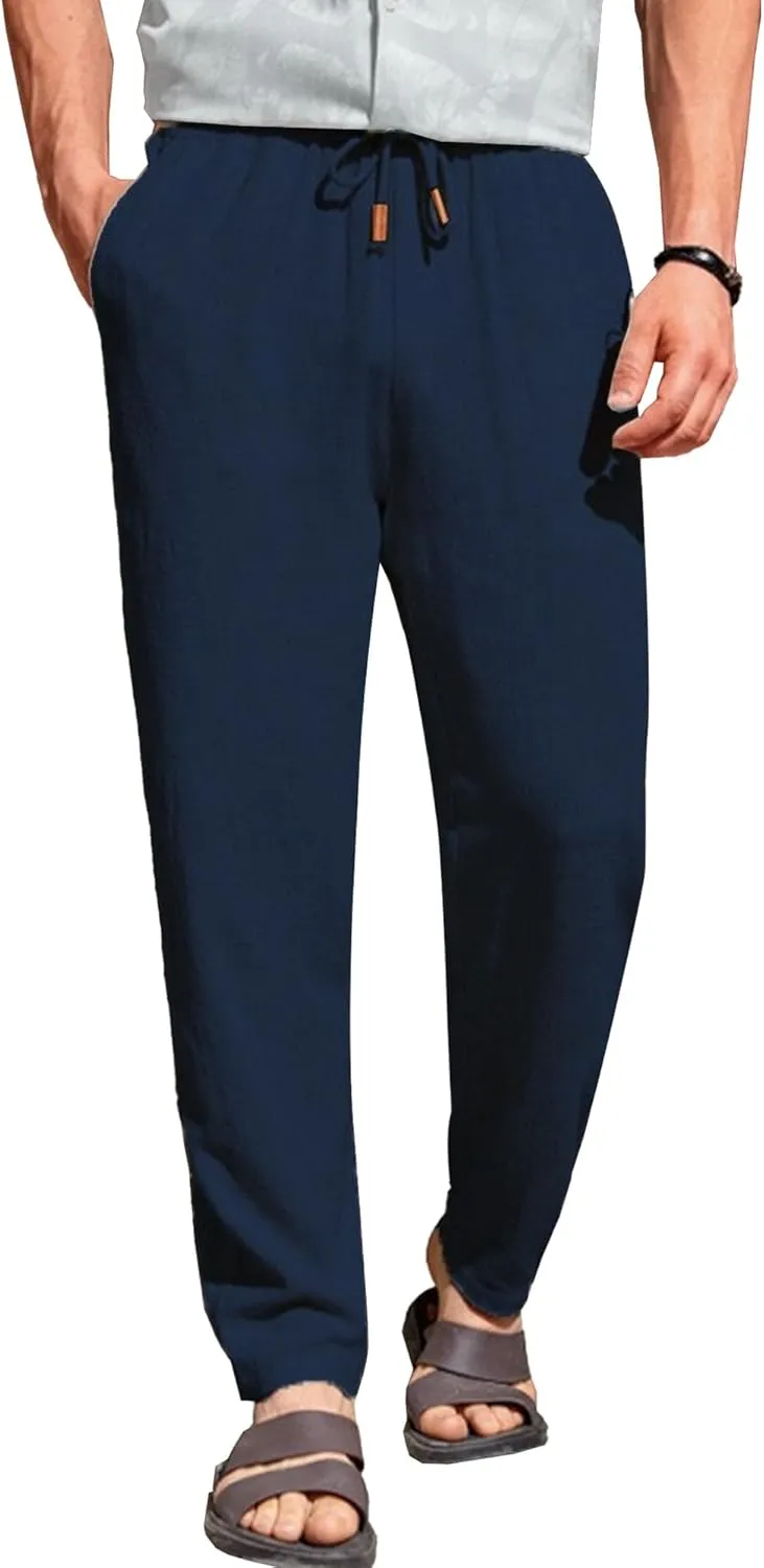 Men's Breathable Cotton Linen Causal Pants Lightweight Outdoot Beach Solid Pants Baggy Drawstring Trousers