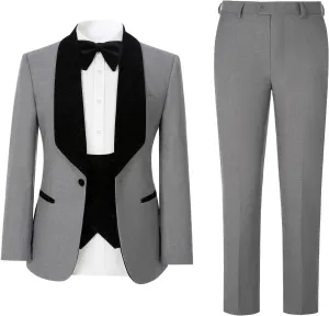 Men's Slim Fit Tuxedo, Shiny Velvet Shawl Collar 3 Piece Suit, Party Jacket Vest Pants & Bow Tie Set
