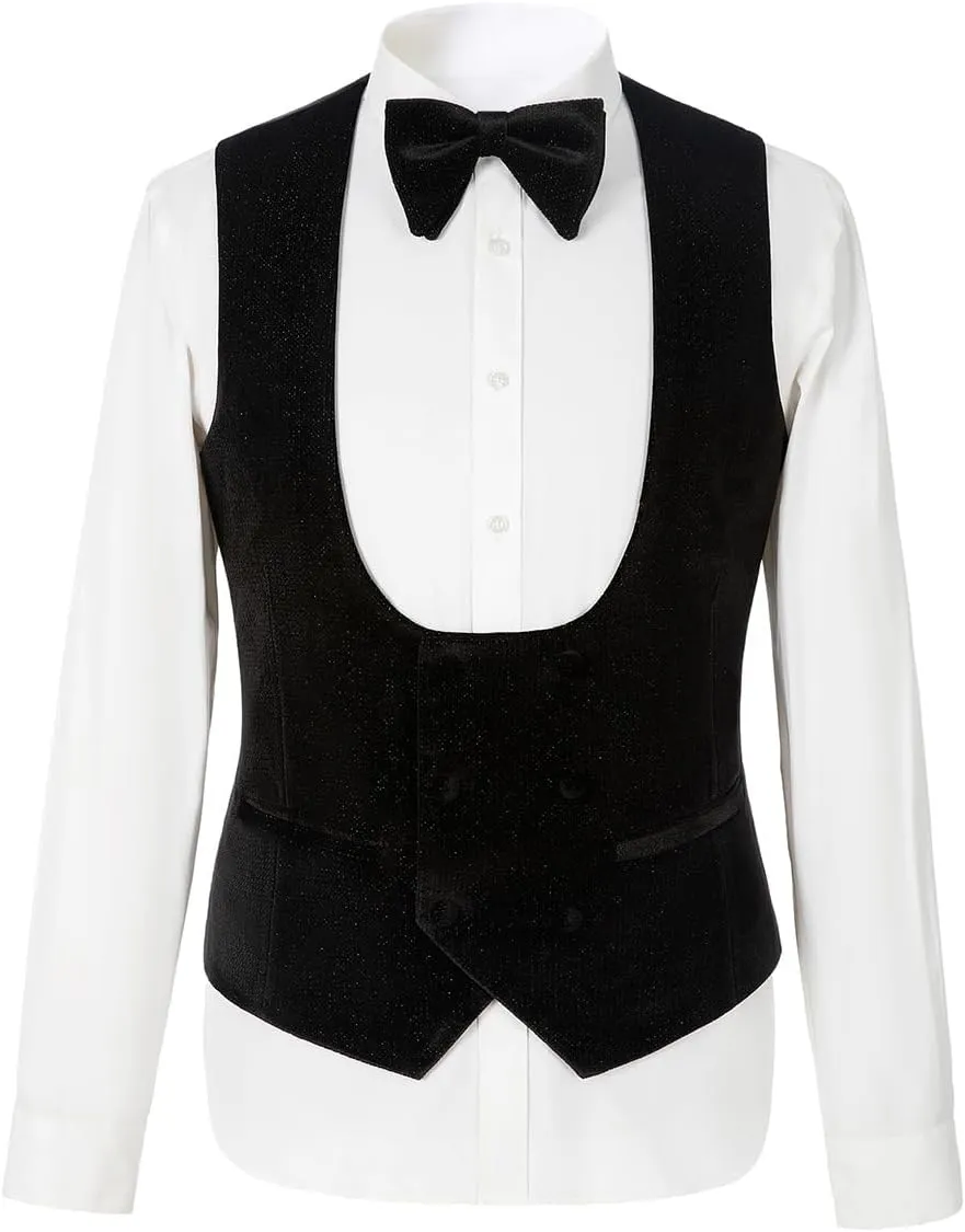 Men's Slim Fit Tuxedo, Shiny Velvet Shawl Collar 3 Piece Suit, Party Jacket Vest Pants & Bow Tie Set