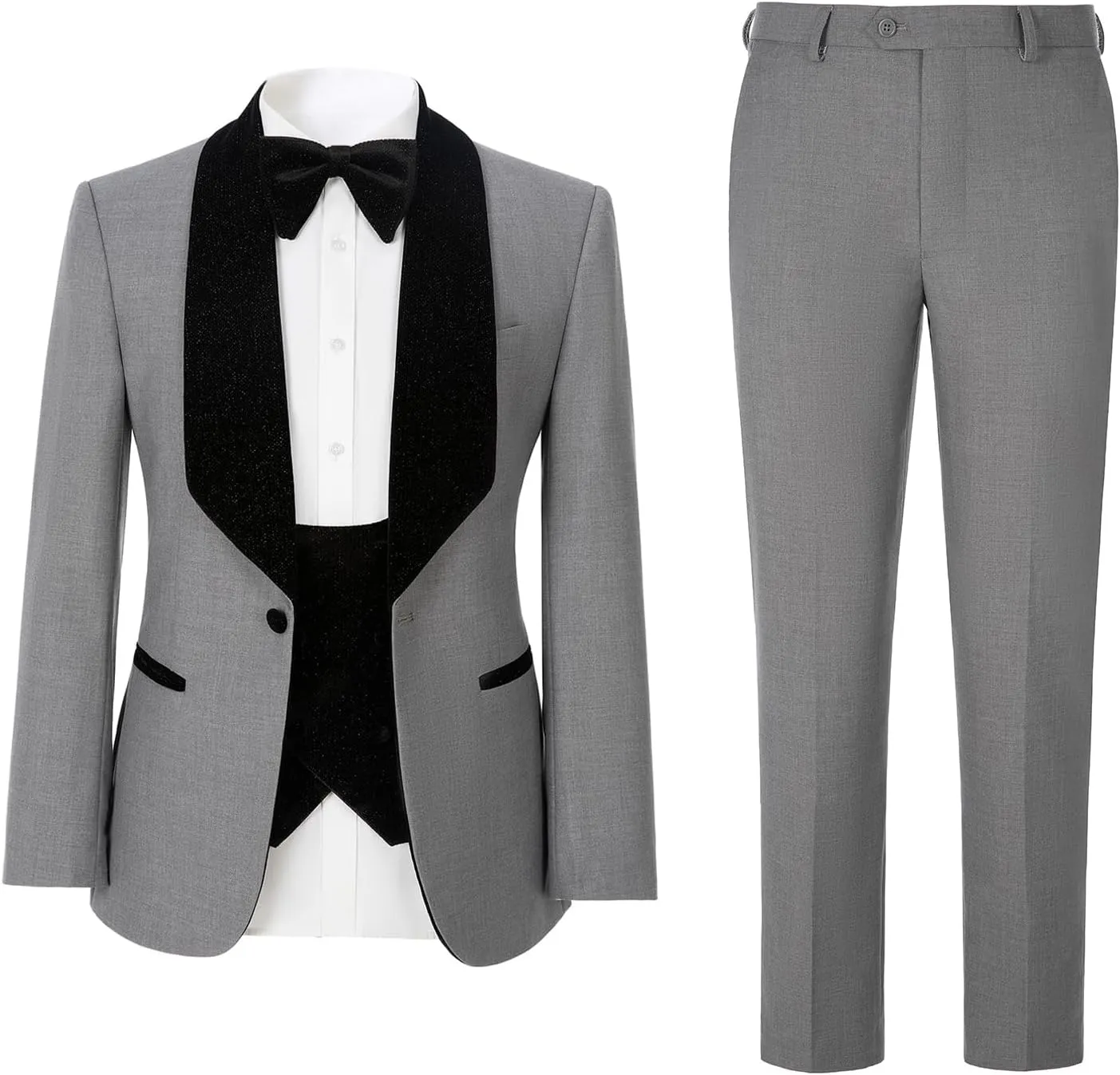 Men's Slim Fit Tuxedo, Shiny Velvet Shawl Collar 3 Piece Suit, Party Jacket Vest Pants & Bow Tie Set