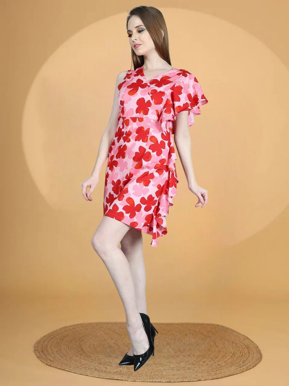 MULTICOLOURED FLORAL RUFFEL A LINE DRESS FOR WOMEN