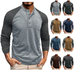 Muscularfit Shirts for Men Long Sleeve Button Up Henley Tshirt Casual Color Block Loose Pullover Athletic Gym Workout Tee Top