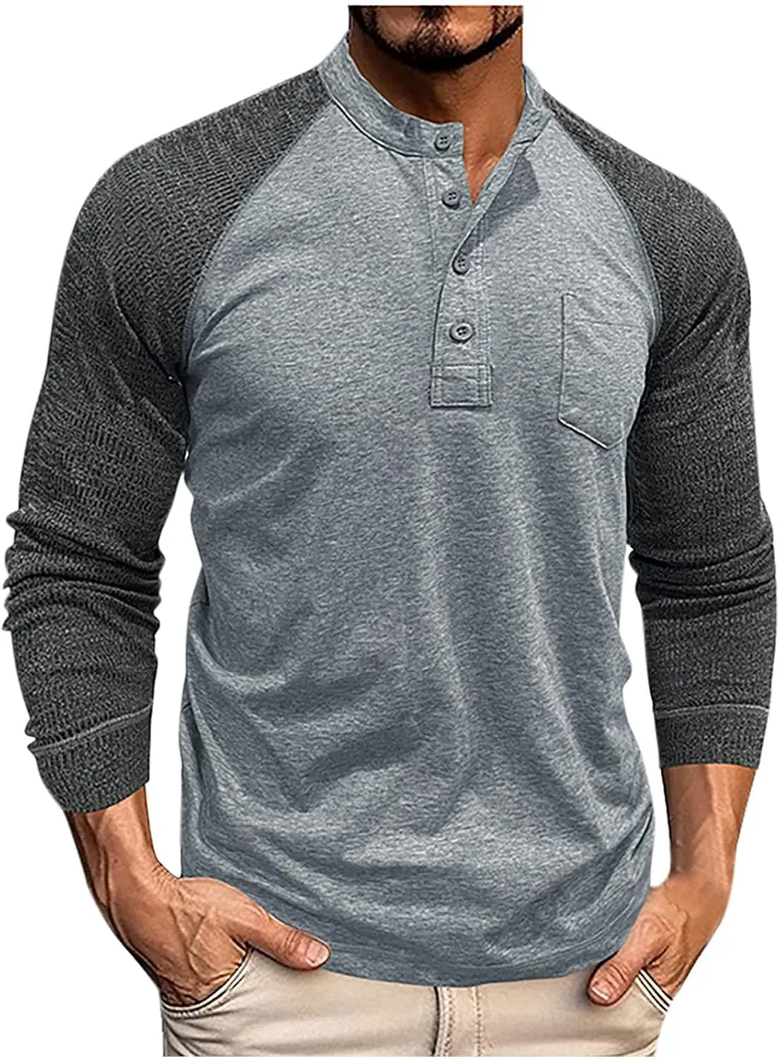 Muscularfit Shirts for Men Long Sleeve Button Up Henley Tshirt Casual Color Block Loose Pullover Athletic Gym Workout Tee Top