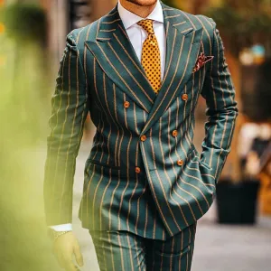 Nukty Men Business Blazer Spring Autumn British Style Casual Slit Pocket Green Stripes Printed Full Sleeve Double Breasted Button
