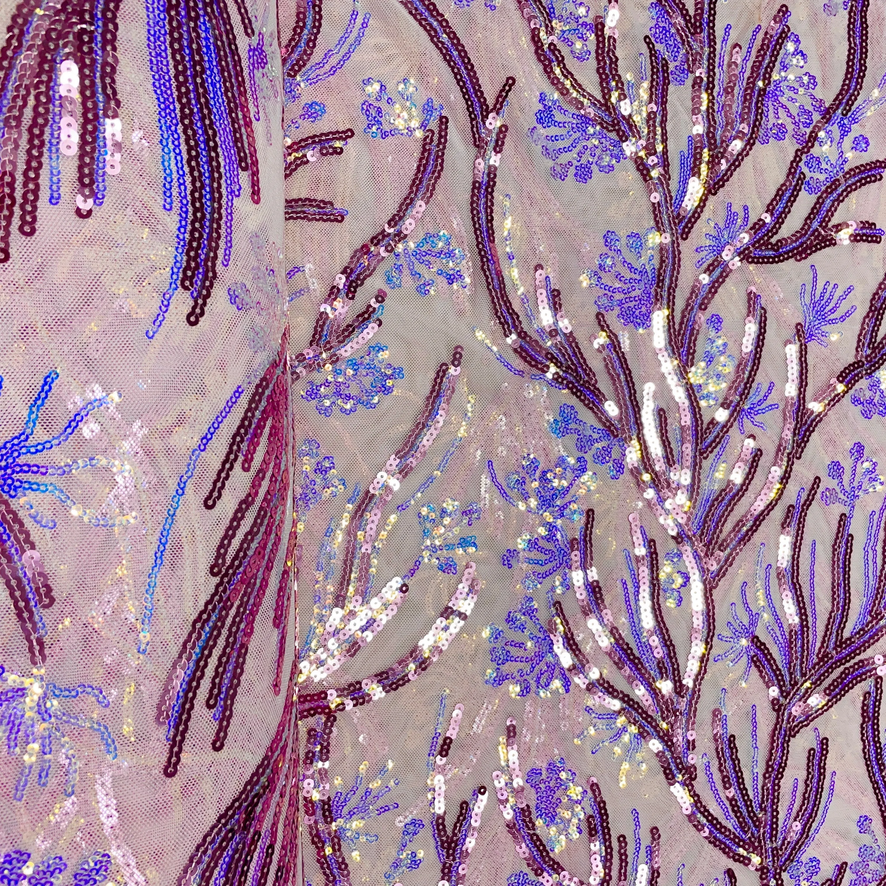 Pink Sequins Embroidery Imported Power Net  Fabric