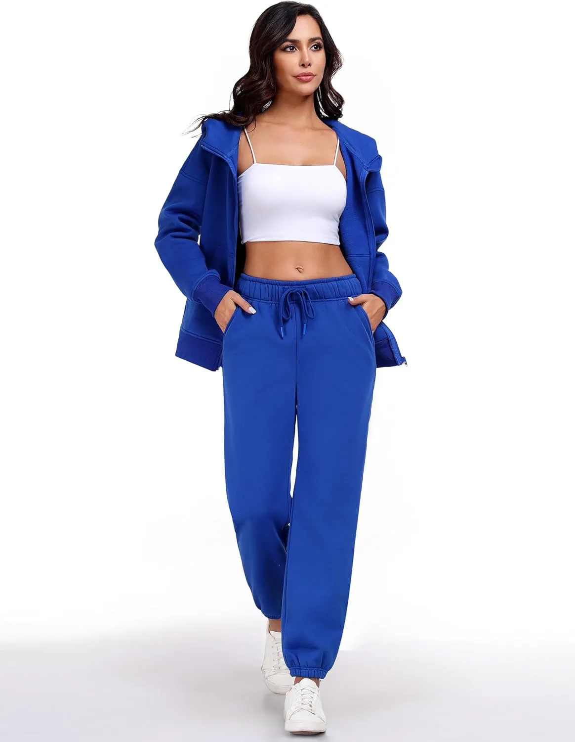 PINSPARK 2 Piece Sets for Women Fleece Sweatsuits Zip Up Hoodie Sweatshirts Drawstring Jogger Sweatpants With Pockets 2024