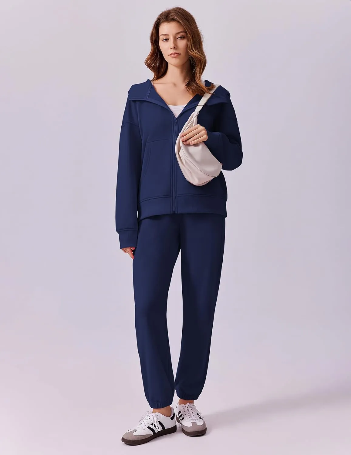 PINSPARK 2 Piece Sets for Women Fleece Sweatsuits Zip Up Hoodie Sweatshirts Drawstring Jogger Sweatpants With Pockets 2024