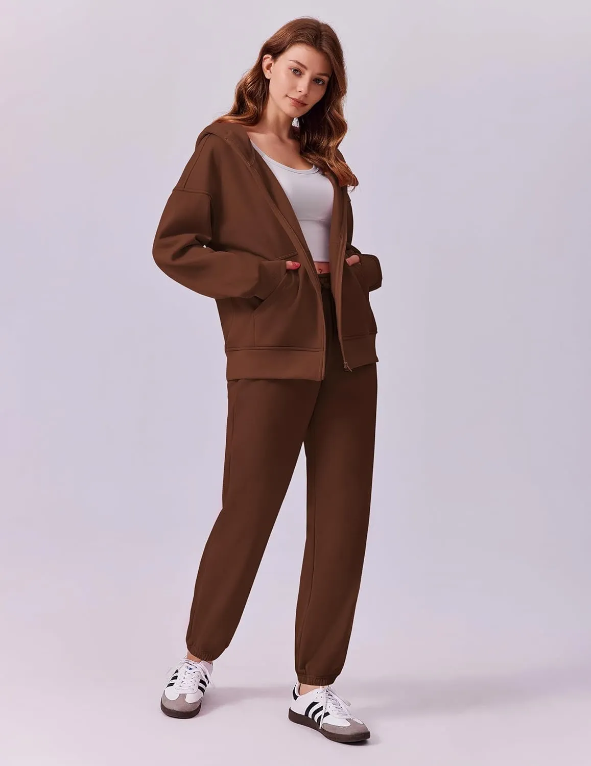 PINSPARK 2 Piece Sets for Women Fleece Sweatsuits Zip Up Hoodie Sweatshirts Drawstring Jogger Sweatpants With Pockets 2024