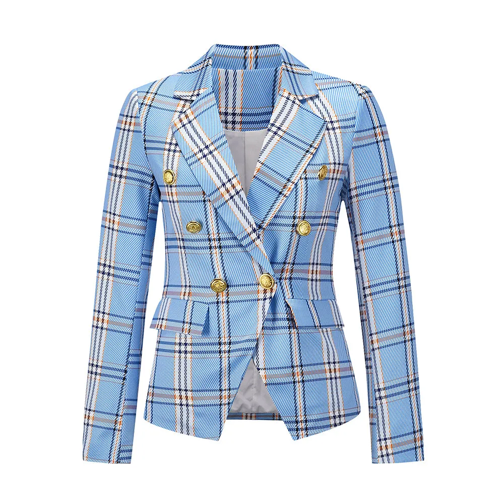 Plaid Notched Lapel One Button Long Sleeve Blazer Jacket
