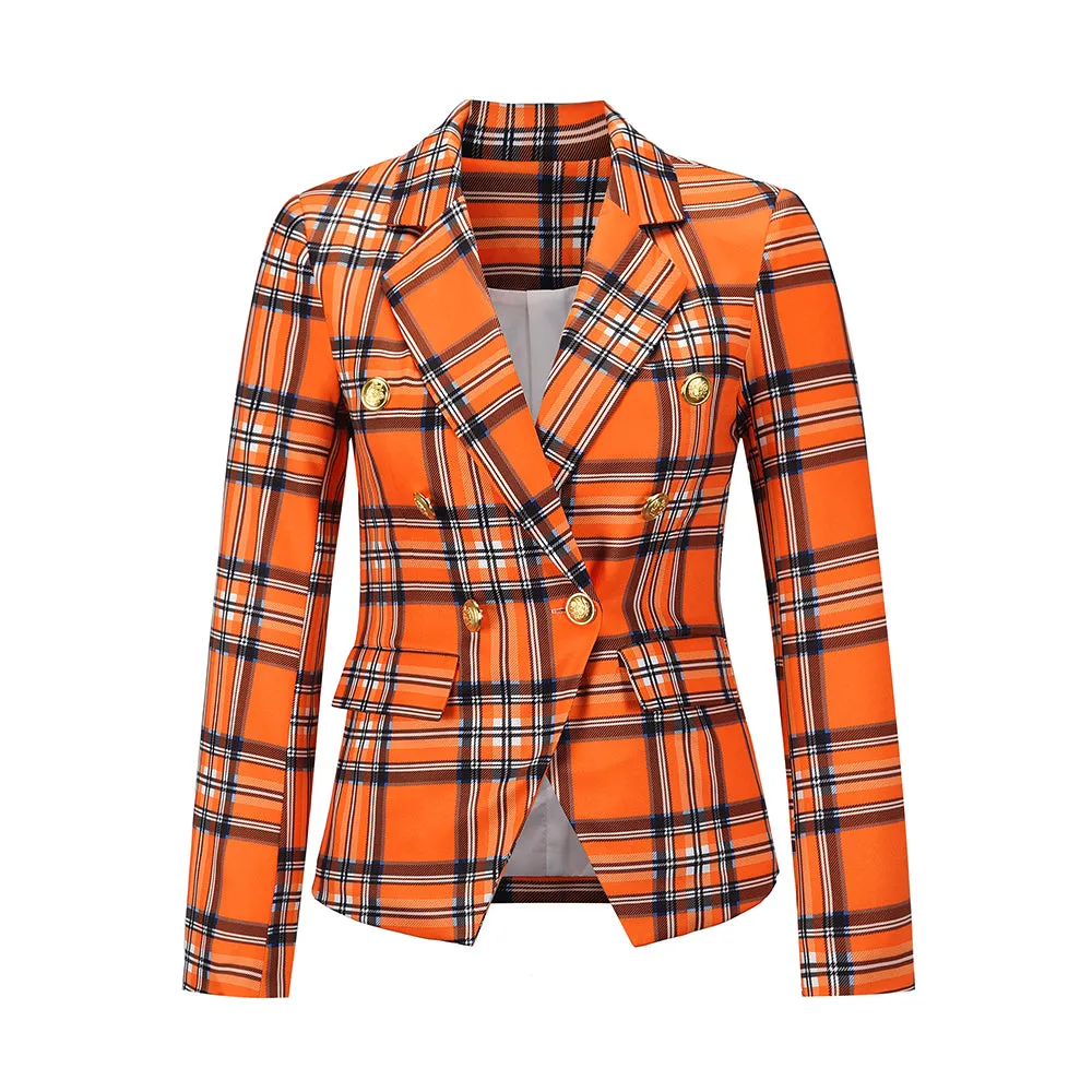 Plaid Notched Lapel One Button Long Sleeve Blazer Jacket