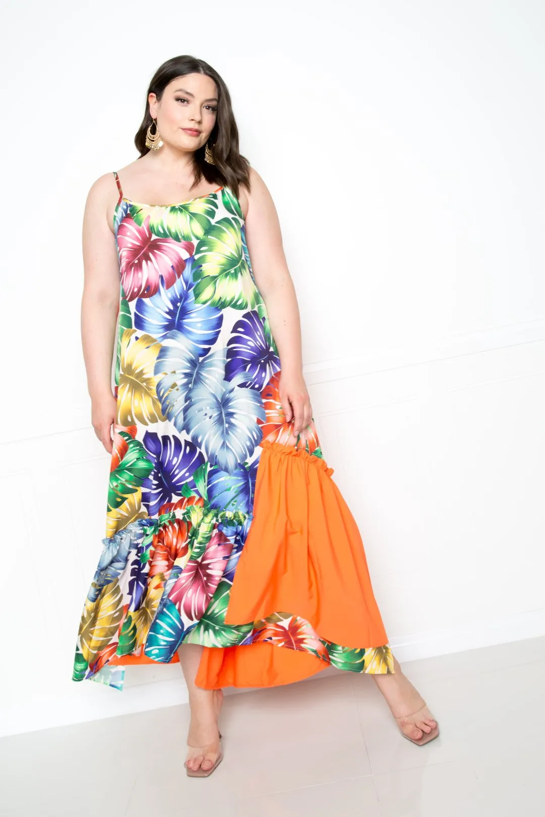 Plus Orange Tropical Tiered Maxi Dress