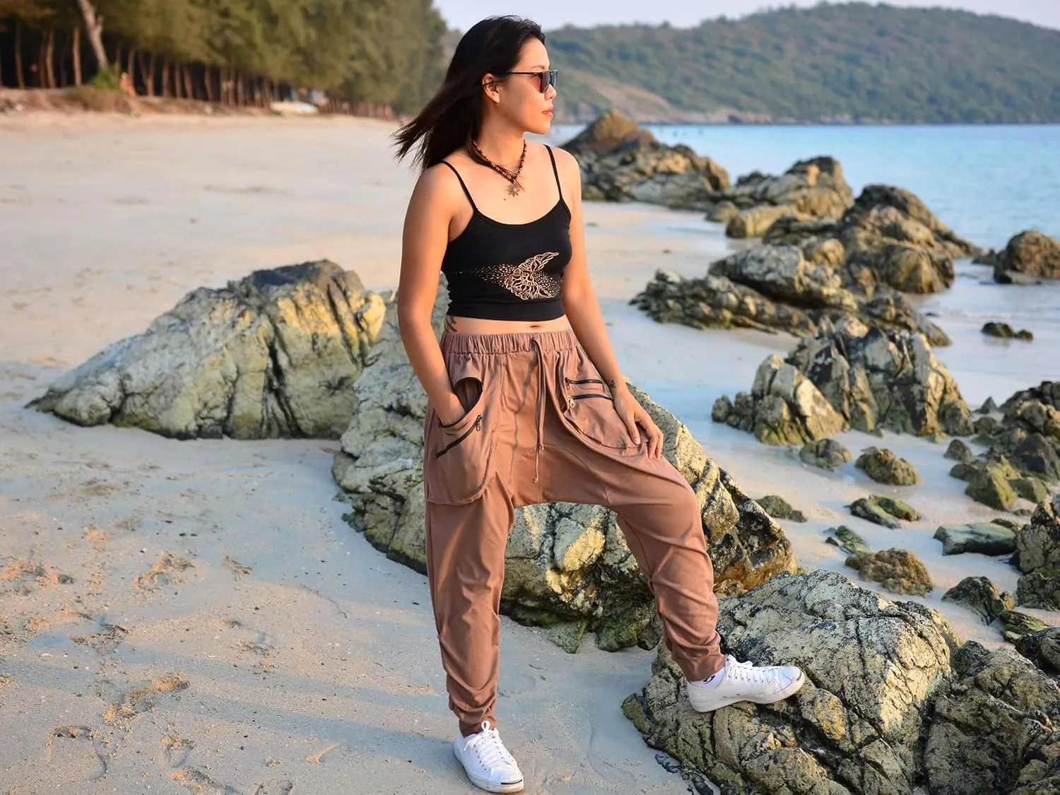 Sakoonee Casual Yoga Lounge Harem Pants Baggy Trousers Unisex Cotton 2 Pockets with Zipper