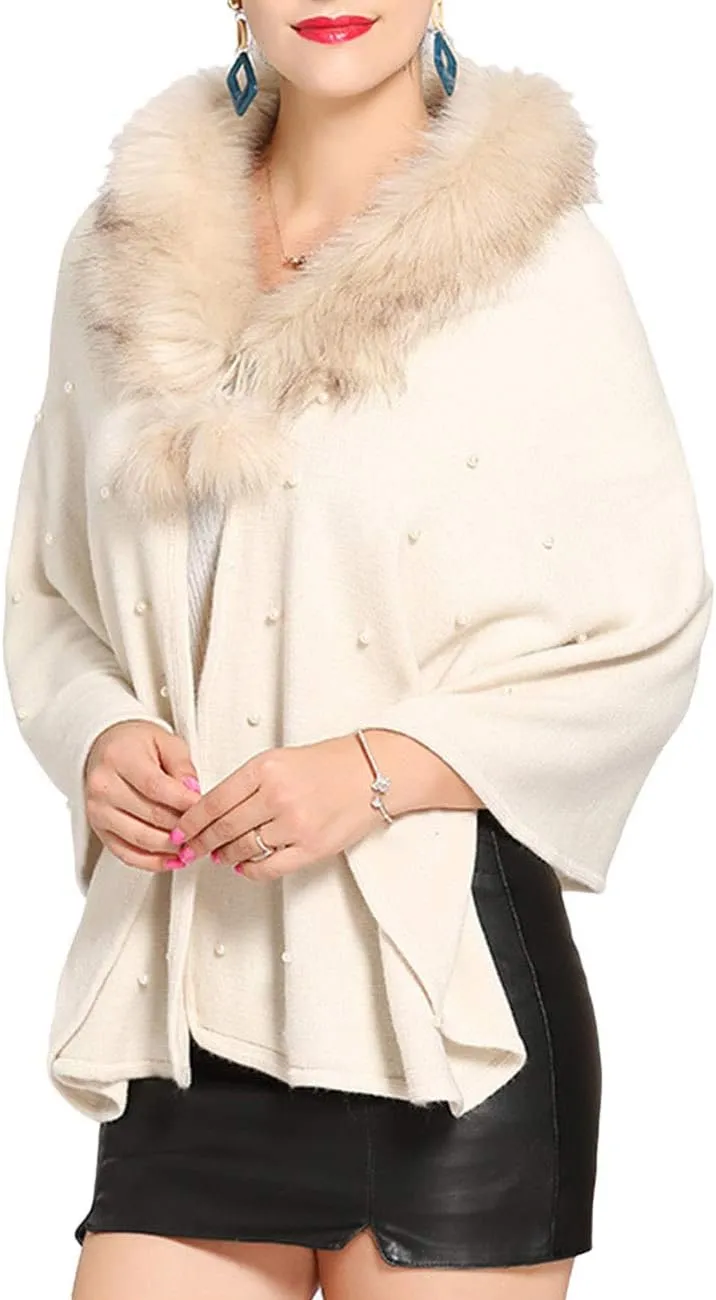 SEMATOMALA Women's Winter/Autumn Bridal Faux Cashmere Fur Collar Cardigan Shawl Wraps Cloak Coat Poncho Cape Jacket Outwear