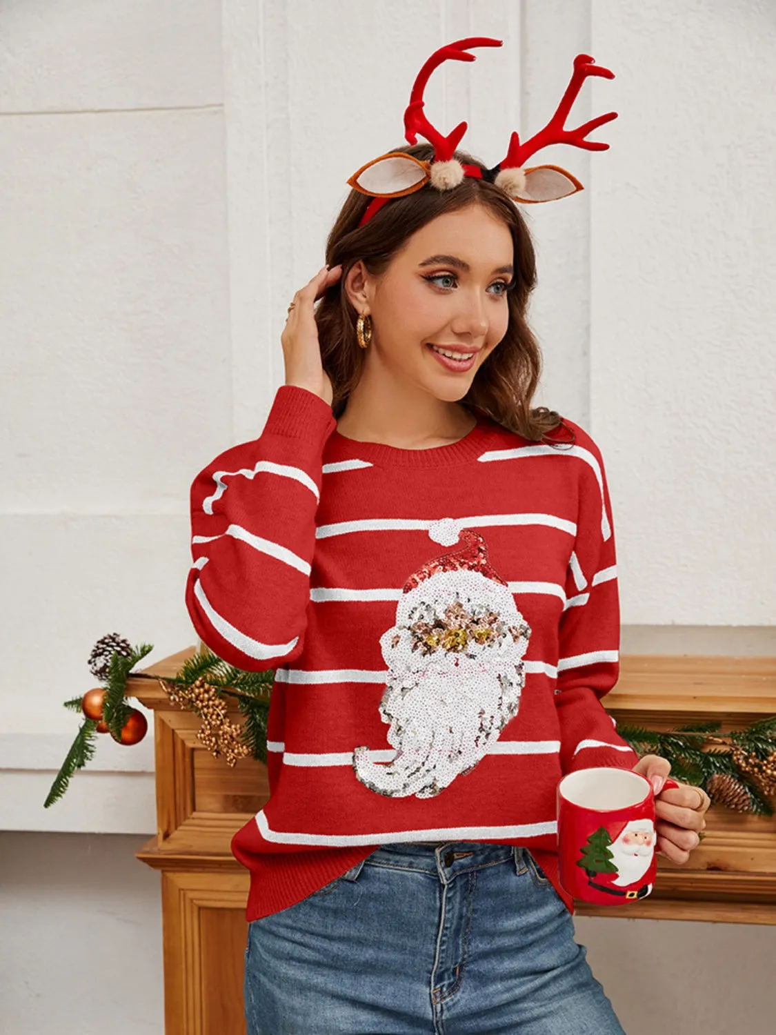 Sequin Santa Striped Round Neck Long Sleeve Sweater Christmas Sweater Womens Fashion Holiday Clothing Ugly Christmas Sweater Unisex Sweatshirt KESLEY