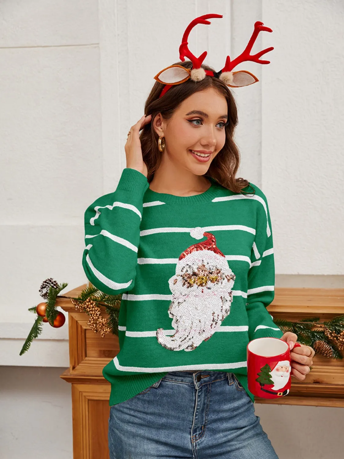 Sequin Santa Striped Round Neck Long Sleeve Sweater Christmas Sweater Womens Fashion Holiday Clothing Ugly Christmas Sweater Unisex Sweatshirt KESLEY